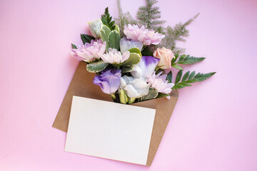 card mockup with  eustomas, white flowers.