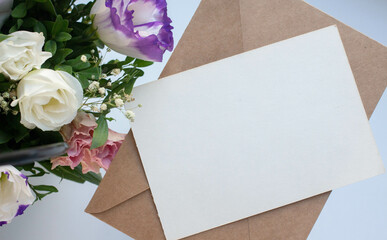 card mockup with  eustomas, white flowers.