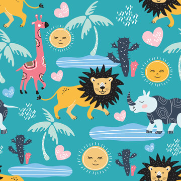 Seamless pattern with cute cartoon animals. Lion, rhinoceros, giraffe, palm trees, cacti. © Tutsi_N