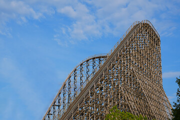 wooden roller coaster. View on the construction of a large wooden rollercoaster.