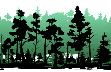 Forest thickets. Coniferous forest with firs and pines. Landscape with trees and grass. Silhouette picture. Isolated on white background. Vector.