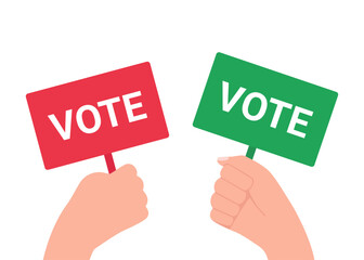 Voting concept people hold in hand plate with inscription word VOTE. Vote campaign on election. Voters choose. Voting and election concept. Vector
