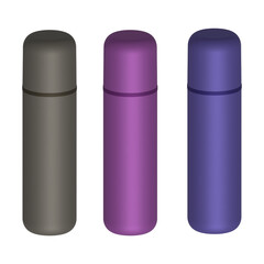 Three vector thermoses for hot drinks with 3D effect on a white background.