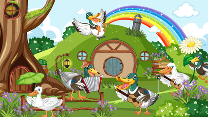 Outdoor scene with cartoon ducks
