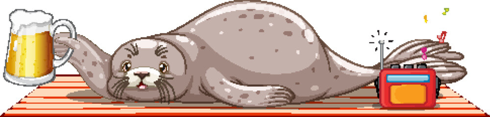 Cute seal drinking beer listening on radio