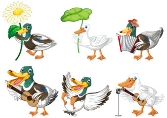 Set of duckling doing different activities