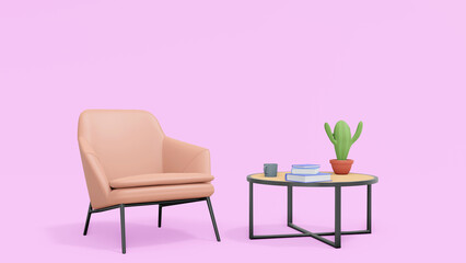 Concept work office minimalist 3D illustration of cartoon empty office workplace. Cozy interior with retro armchair, modern coffee table, mug, stack of books and plant. 3d rendering pink background