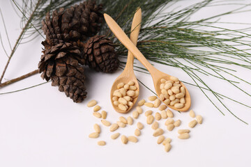 Heap of pine nuts and cedar cones on white background