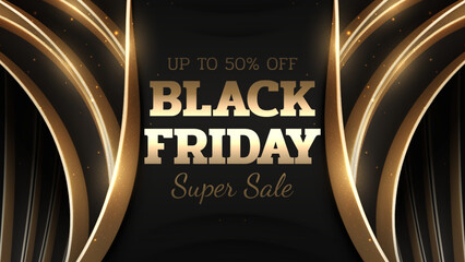 Black friday sale background with glitter light effects elements and gold curve line decoration. Luxury style banner design concept.