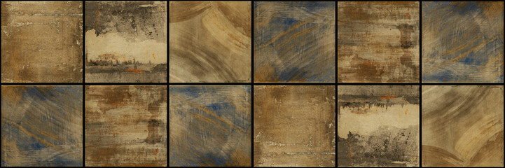 Abstract brown blue rusty square mosaic tile wall texture background banner panorama, textured...