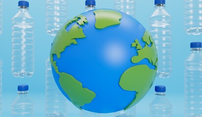 Earth globe with empty plastic bottles. Global plastic pollution concept. 3D Rendering
