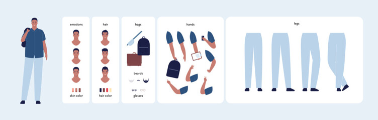 Character diy kit. Vector flat design people illustration. Man constructor element set. Fat african male office or student avatar with various emotion, hair, skin tone, beard, glasses, hands and legs
