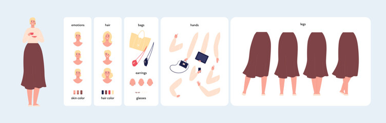 Character diy kit. Vector flat design people illustration. Woman constructor element set. Body positive female avatar with various emotion, hair, skin, bag, earnings, glasses, hands and leg in skirt