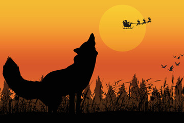 Fototapeta na wymiar cute wolf and sunset silhouette graphic