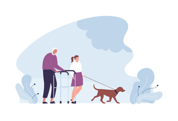 Healthcare volunteering and caregiving concept. Vector flat design people illustration. Volunteer girl help elder man with walker go for walk with dog. Design for social care service.