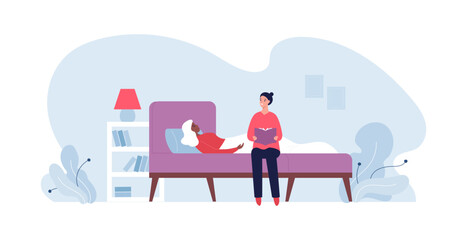 Healthcare volunteering and caregiving concept. Vector flat design people illustration. Volunteer female read for senior disabled woman liying in bed on home indoor background. Social care service.