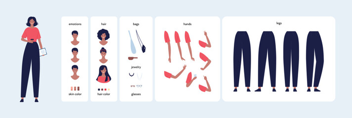 Character diy kit. Vector flat design people illustration. Woman constructor element set. Young female office or student avatar with various emotion, hair, skin, bag, jewelry, hands and legs