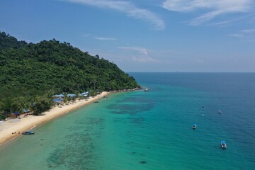Tioman tropical island drone photo with beautiful blue sea and sky. South China sea. Southeast Asia