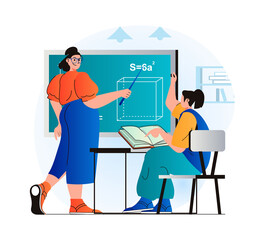 Education concept in modern flat design. Teacher explains lesson at blackboard, pupil pulls hand up. Student studies textbook sitting in classroom, learning at school or college. Web illustration
