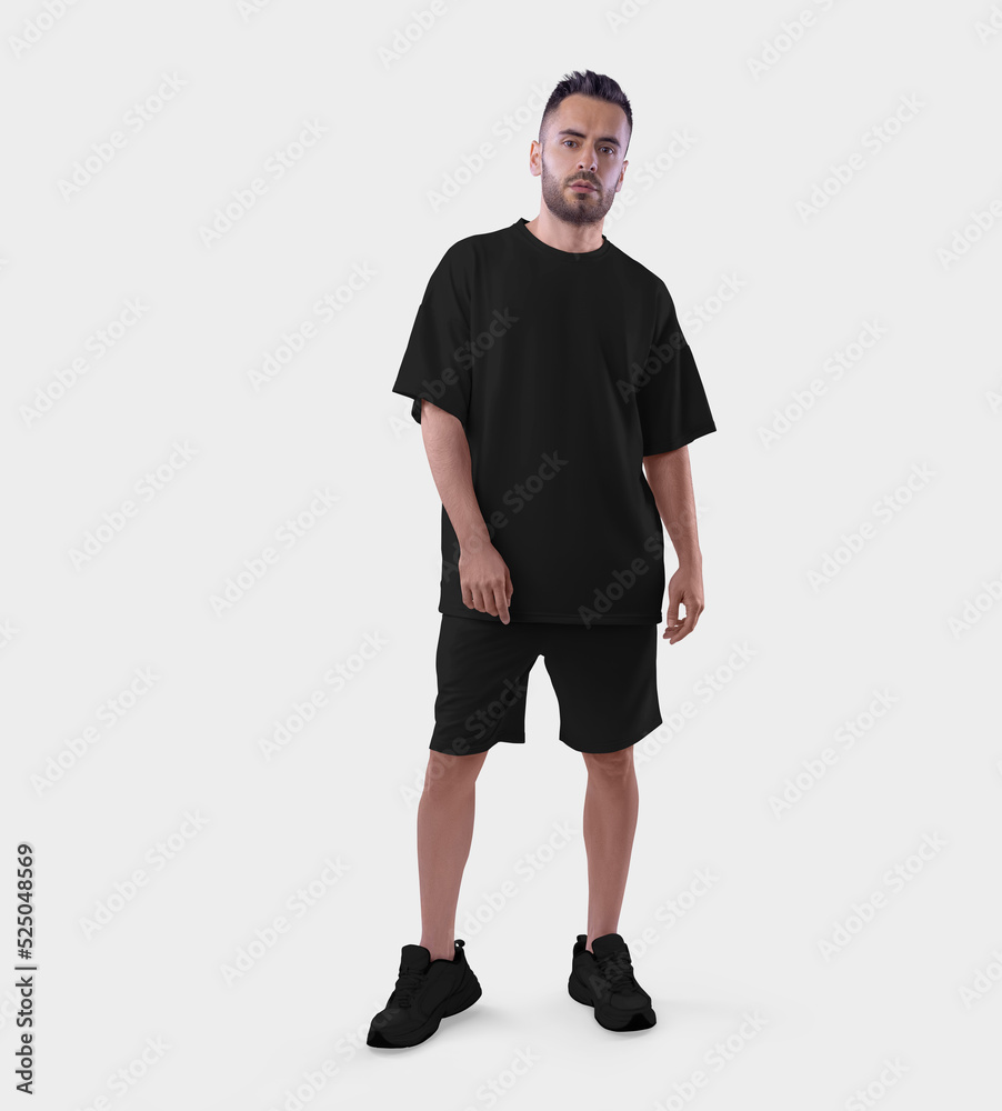Wall mural mockup of a black oversized suit, t-shirt, shorts on a brutal guy in sneakers, isolated on backgroun - Wall murals