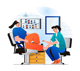 Beauty salon concept in modern flat design. Master makes fashion pedicure for client in female salon. Woman customer get professional nail toes service and cosmetology procedure. Web illustration