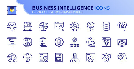 Simple set of outline icons about business intelligence