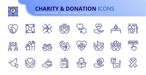 Simple set of outline icons about  charity and donation.