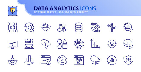 Simple set of outline icons about data analytics. Technology concept.