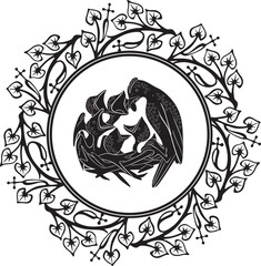 bird family with floral frame vector design