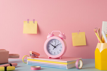 School accessories concept. Photo of color stationery on blue desk alarm clock stand for pens stack...