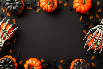 Halloween decor concept. Top view photo of skeleton hands holding pumpkins candies centipedes and...