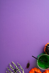 Halloween concept. Top view vertical photo of glass with green drink floating spider straw pumpkins skeleton hand and cockroach on isolated purple background with empty space