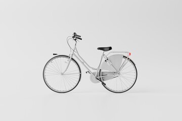 White bicycle on a white background. Concept of cycling, environmental protection and keeping fit. 3D rendering, 3D illustration.