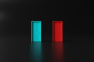 Two closed doors blue and red on the background. The concept of making decisions, entering new places, crossing borders. 3d render, 3d illustration