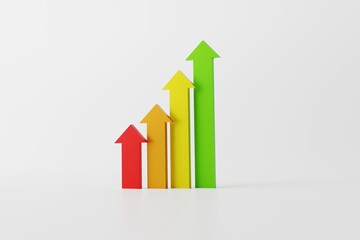 Up arrows of different colors. The concept of the growth of statistics and the development of the company, life. 3D rendering, 3D illustration.