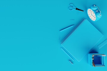 View of school supplies, notebook, pens, alarm clock. Concept for back to school, learning. Students learning. Blue school items on a blue background. 3d rendering, 3d illustration.