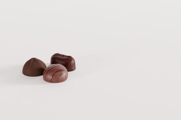 Various chocolate pralines on a white background. Concept of making chocolate, eating pralines. 3D render, 3D illustration.
