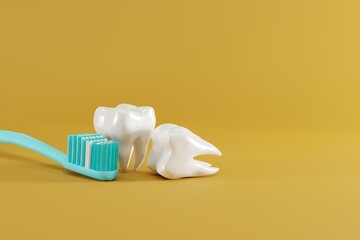 Fototapeta na wymiar Toothbrush and tooth. Concept of caring for the teeth, checkup at the dentist. 3d render, illustration.