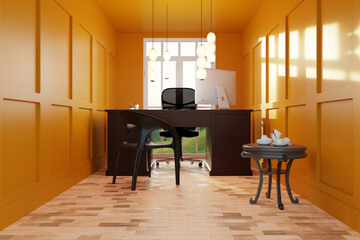 A cozy office with a chair and a desk for applicants with a large window and pastel orange color of the walls. Workplace, office concept. 3d rendering, 3d illustration.