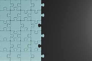 Puzzles stacked on one side on a dark background. Concept of completing the steps, success. 3D render, 3D illustration.