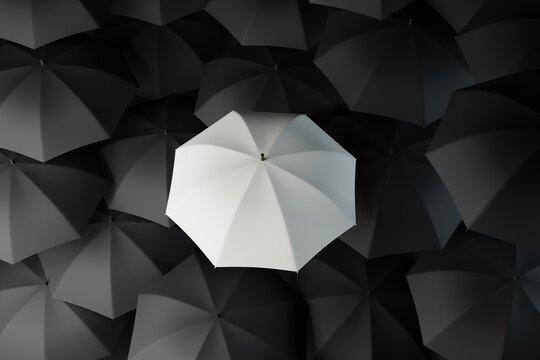 Lots of black umbrellas and one white one that stands out. The concept of differentiation, individuals. 3d rendering, 3d illustration.