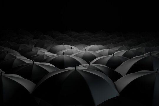Lots of black umbrellas. The concept of differentiation, individuals. 3d rendering, 3d illustration.