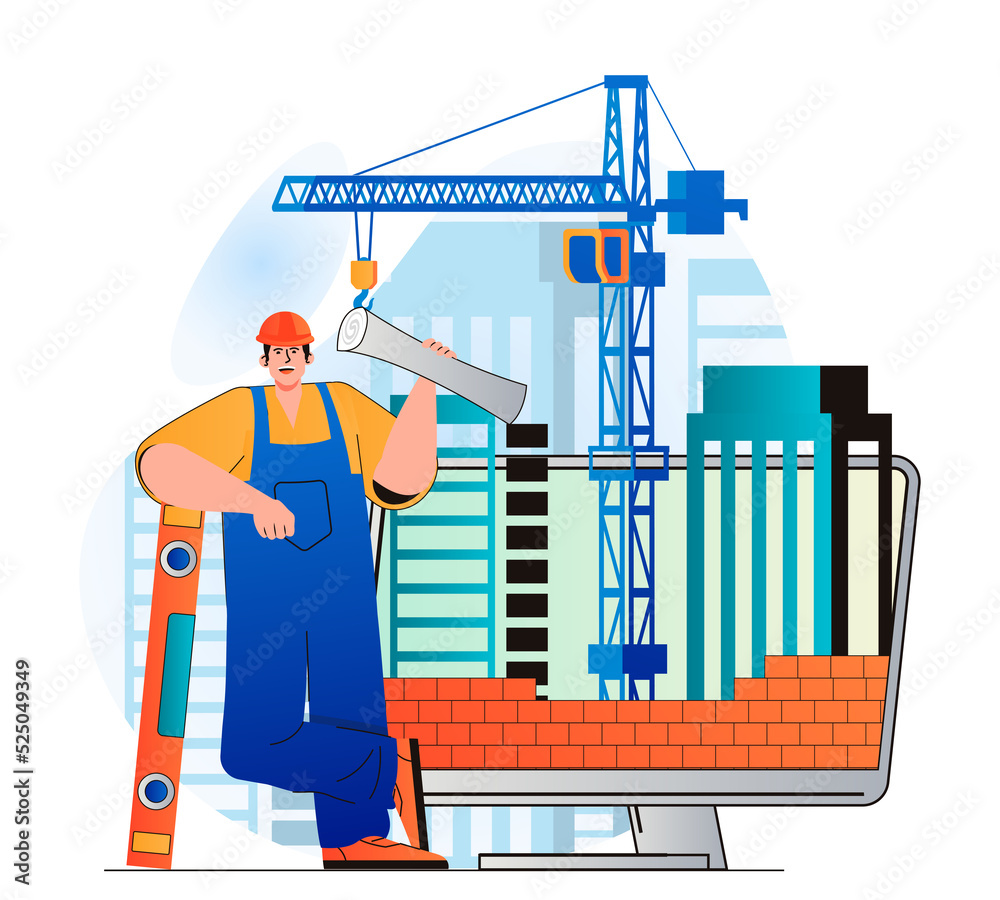 Wall mural construction engineer concept in modern flat design. builder holds blueprint and tools. bricklayer m