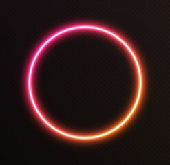 Gradient neon circle, pink-orange glowing border isolated on a dark background. Colorful night banner, vector light effect. Bright illuminated shape.