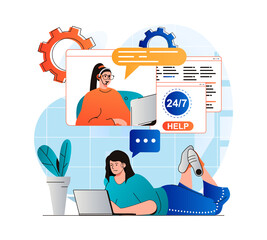 Customer support concept in modern flat design. Woman contacted support and consults in chat with operator. Consultant helps to solve problem by video call. Online communication. Web illustration