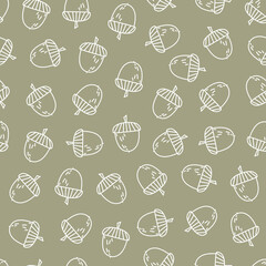Cute acorn hand drawn seamless vector pattern. Outline vintage texture. Autumn doodle design. Fun forest theme background for wrapping paper, textile, apparel, fabric, wallpaper, card, gift, packaging