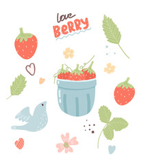 Vector hand-drawn clipart with strawberries. Illustration with berries for postcard stickers, advertising design, menus.