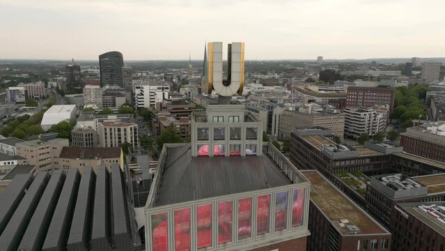 Drone shot orbiting the U Tower in Dortmund city in Germany