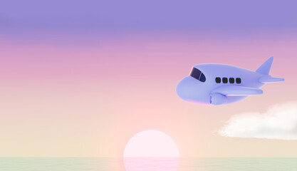 3d rendering cute airplane flying above sea with copy space for a banner. 