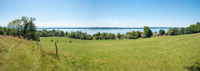 Hiking trail above Ambach with a fantastic view of Lake Starnberg, upper bavarian landscape